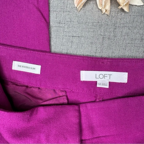 Loft Riveria Slim Pants Linen Blend Magenta Shadow Size 12 - Picture 11 of 12